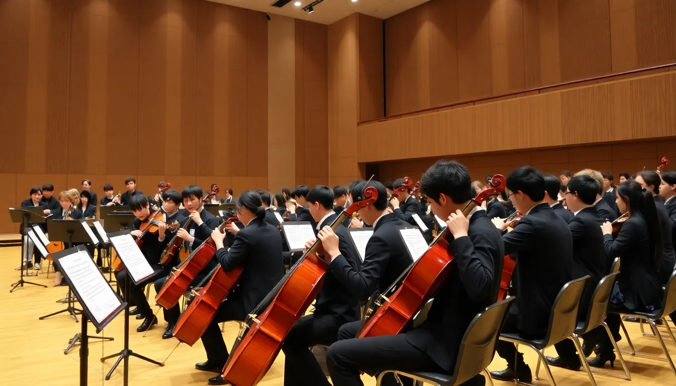 The National Youth Orchestra performs on stage at the Royal Festival Hall, showcasing a diverse repertoire to an enthusiastic audience during their New Year concert titled Shimmer.