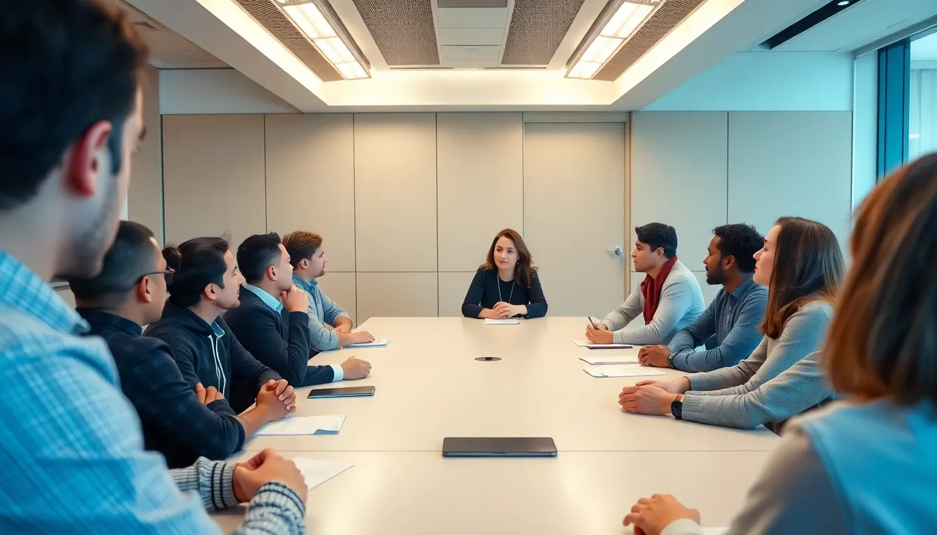 Tech executives gather in a conference room, discussing the latest advancements in selfimproving artificial intelligence technologies.