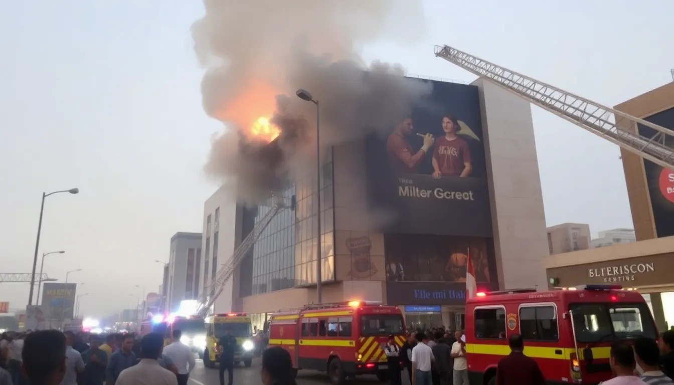 Flames and smoke billow from the upper floors of AlFaisal Mall in Karachi as emergency responders struggle to control the fire amidst a chaotic scene of fleeing shoppers.