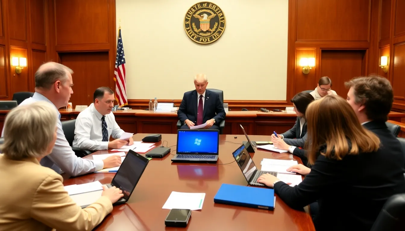 A group of lawmakers and child welfare advocates gathers in a conference room, discussing the potential implications of a social media ban for users under 16, with notes and documents spread across the table.