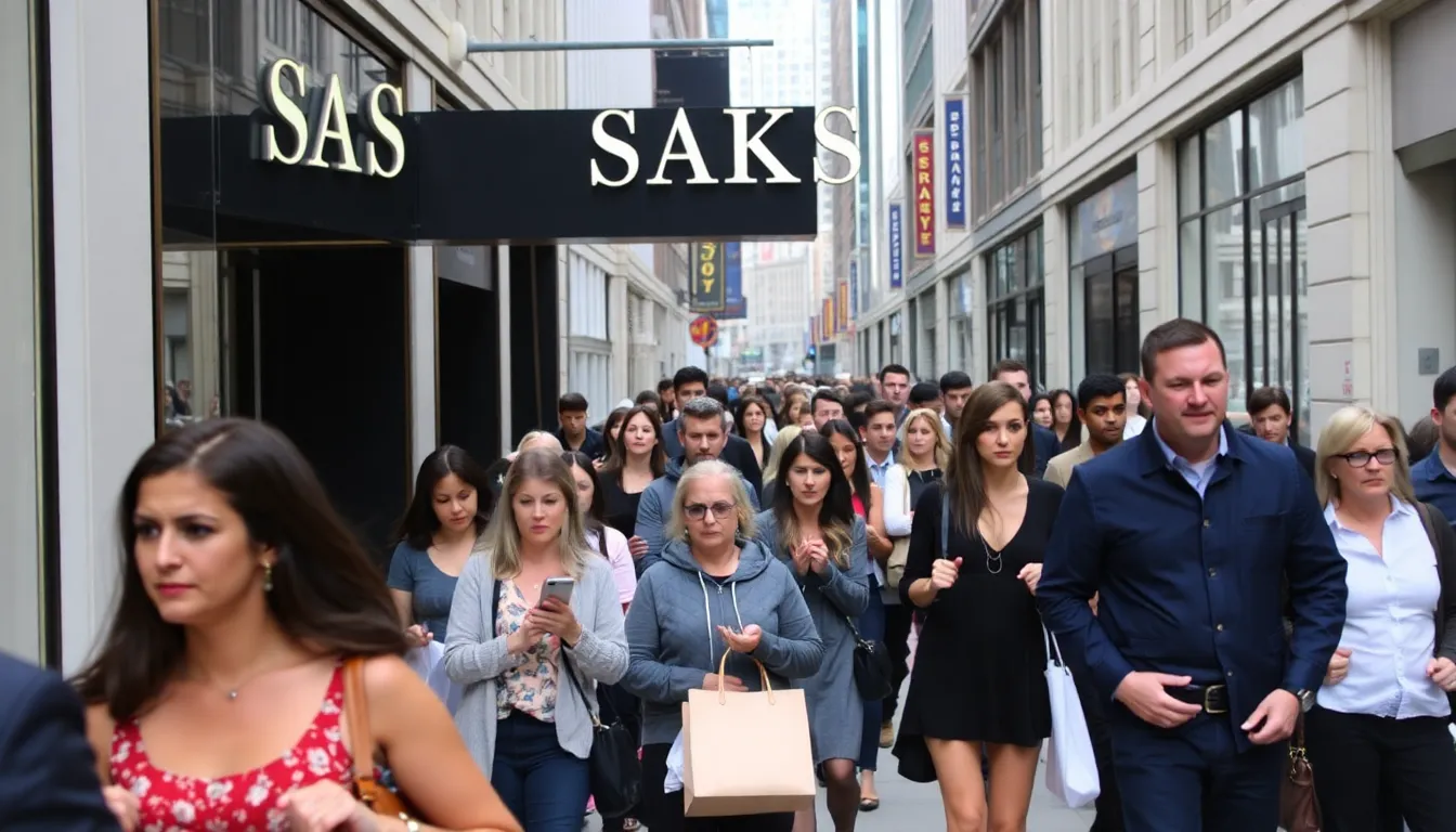 A Saks Fifth Avenue storefront displays a "Going Out of Business" sign as shoppers pass by, highlighting the luxury retailer's recent bankruptcy filing.