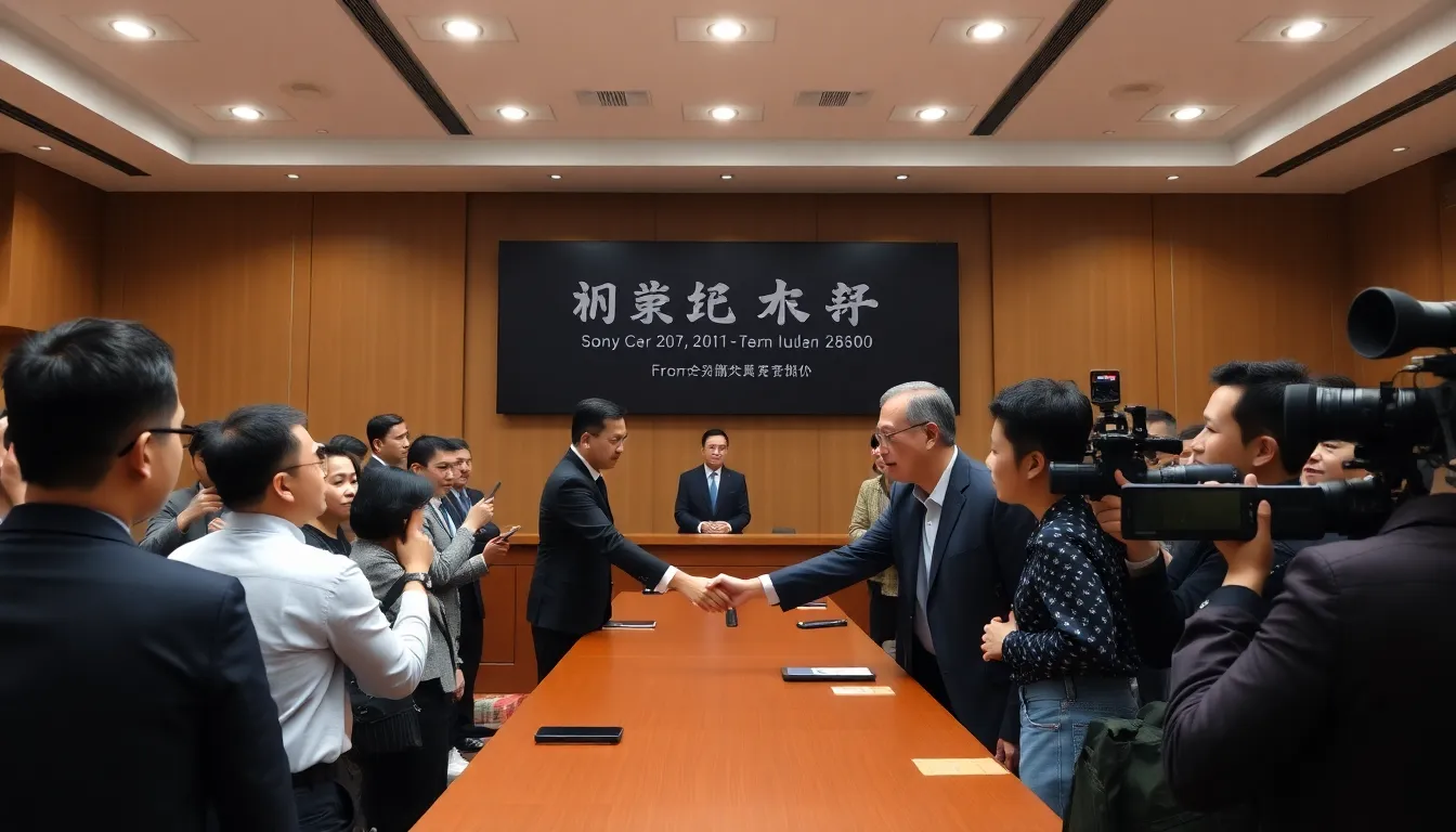 Sony and Tencent executives shake hands in a conference room, signaling the successful settlement of their lawsuit over game similarities.