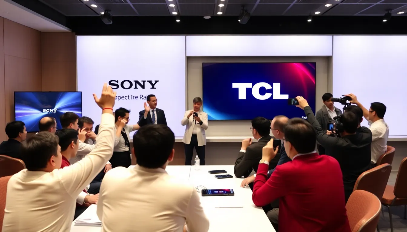 Sony and TCL executives shake hands at a press conference announcing their new partnership in the television industry.
