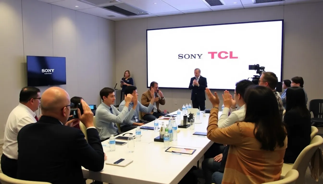 A bustling electronics store filled with consumers exploring the latest Sony and TCL television displays, illustrating the competitive market landscape