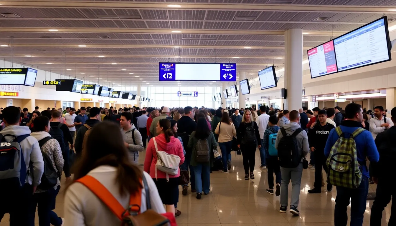 Families and students gather in a busy airport terminal, eagerly discussing their spring break travel plans as they check flight schedules on their devices.
