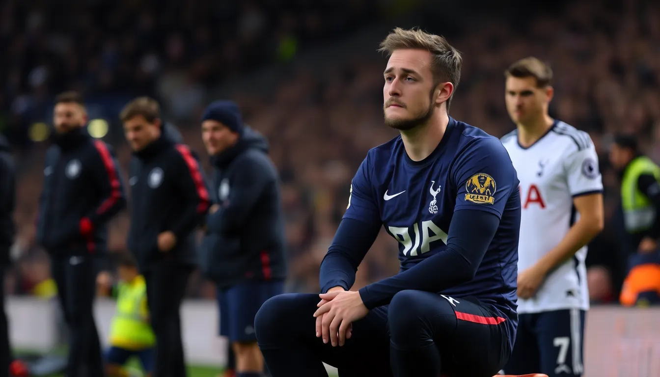 A group of Tottenham Hotspur players huddle on the training ground, visibly concerned as they discuss the impact of recent injuries on their season.