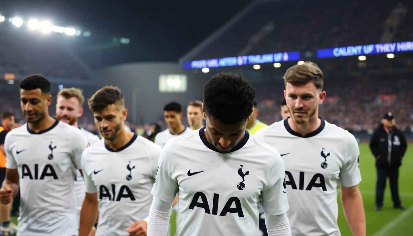Tottenham Hotspur players look dejected on the pitch after their 10 defeat to Sheffield United in the FA Cup, with fans in the stands expressing disappointment.