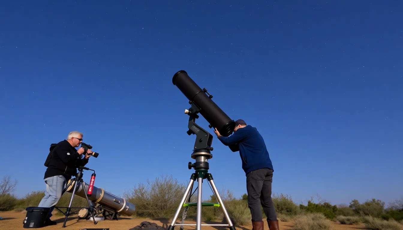 プレアデス星団が肉眼でも見える夜空の中で、観察者たちがその美しさに感嘆しているシーン