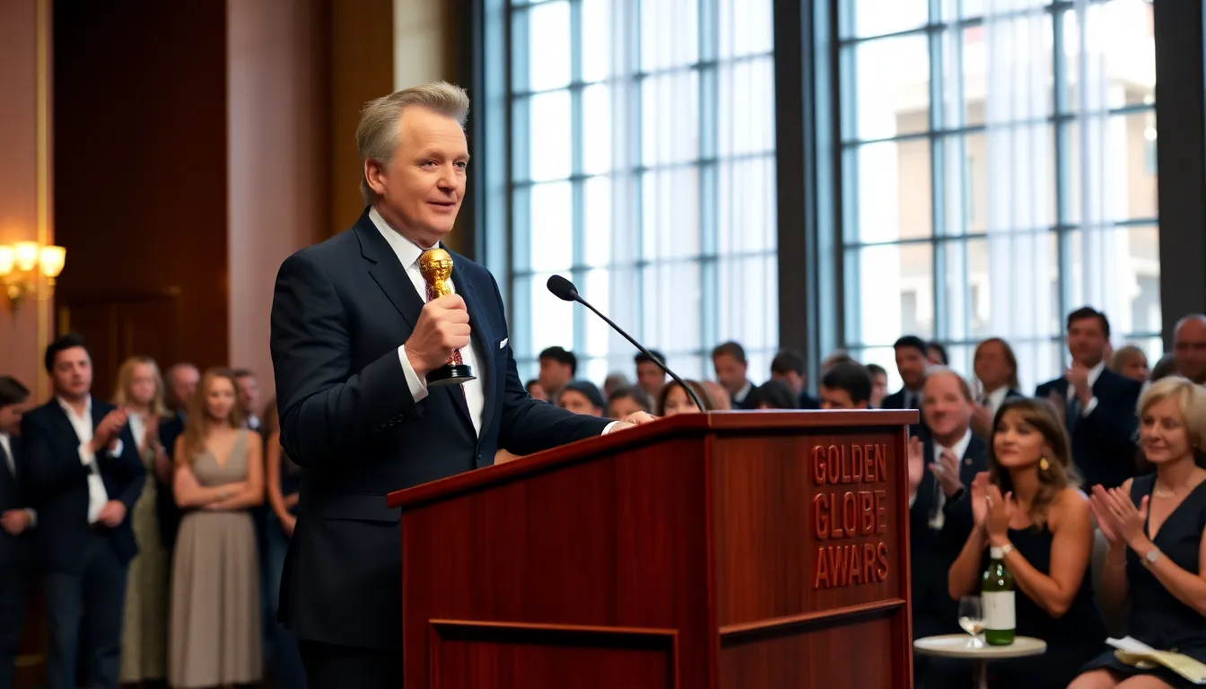 Stellan Skarsgård stands on stage holding his Golden Globe trophy, passionately addressing the audience about the importance of experiencing cinema in theaters.