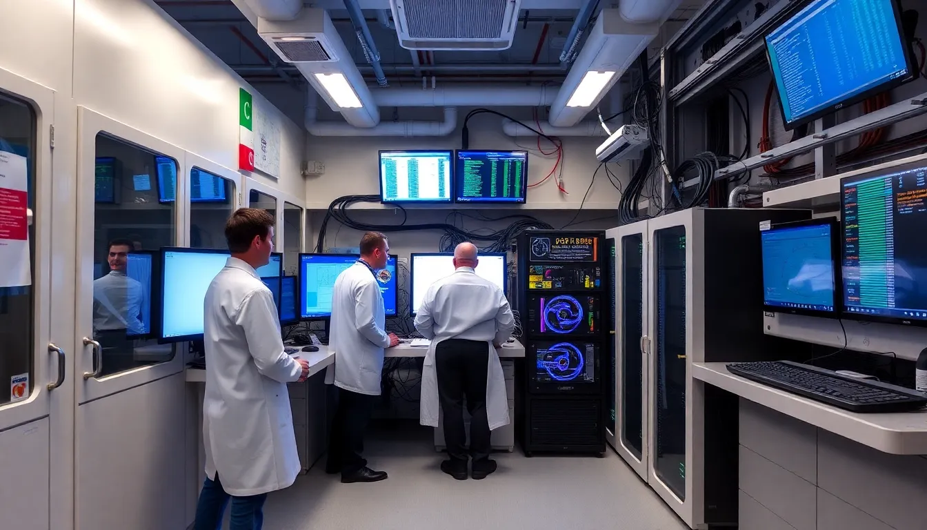 Researchers in lab coats monitor the Frontier supercomputer at Oak Ridge National Laboratory, surrounded by hightech equipment in a subzero environment designed for optimal performance and energy efficiency.