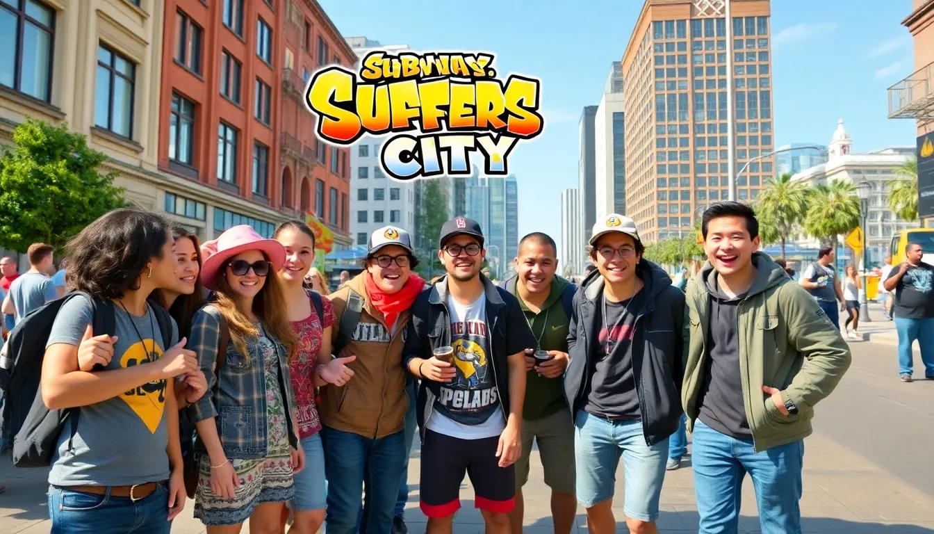 A group of excited fans gathers around a large screen displaying the announcement of Subway Surfers City, eagerly discussing the upcoming sequel to the popular mobile game.