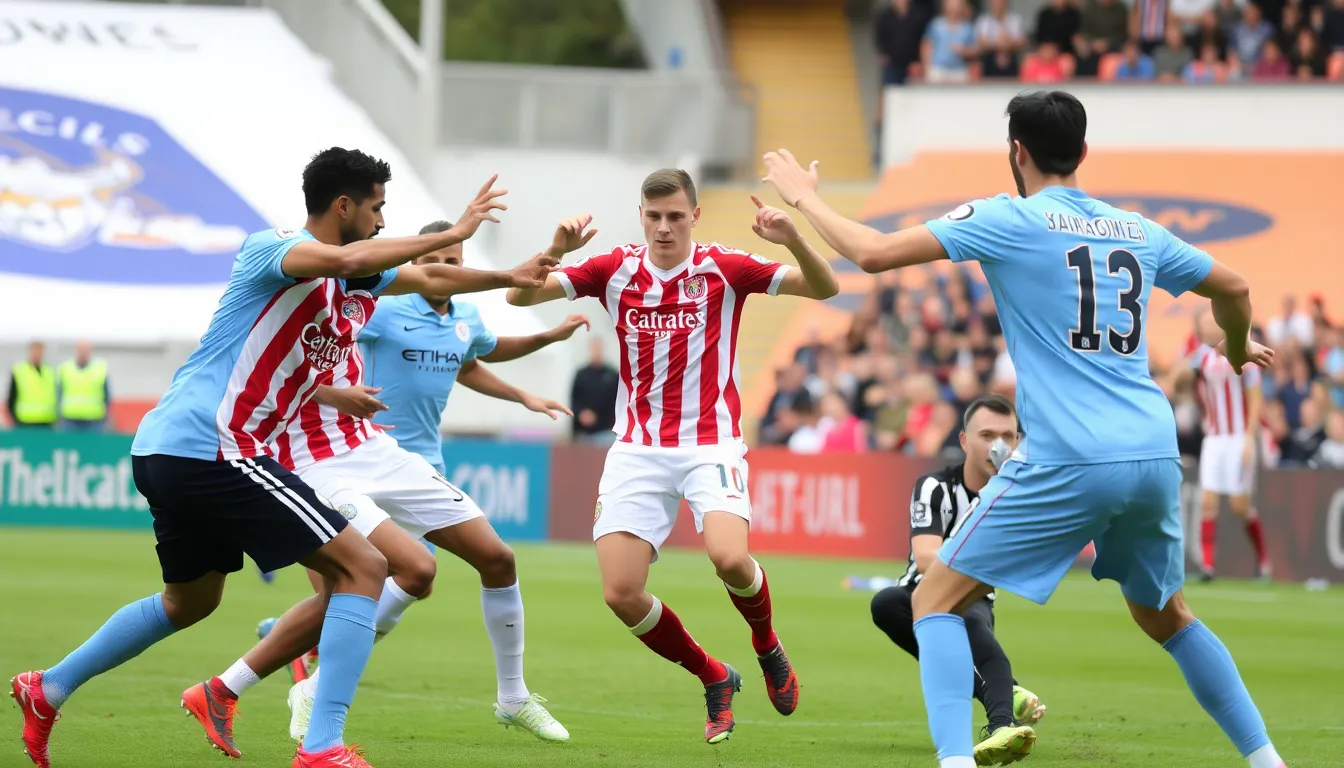 Sunderland players celebrate their unexpected 21 victory over Manchester City at the Stadium of Light, showcasing their defensive strategy against star striker Erling Haaland.