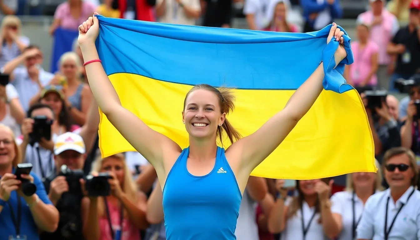 Elina Svitolina celebrates her victory at the WTA tournament in Luxembourg, raising a Ukrainian flag as fans cheer in the background.