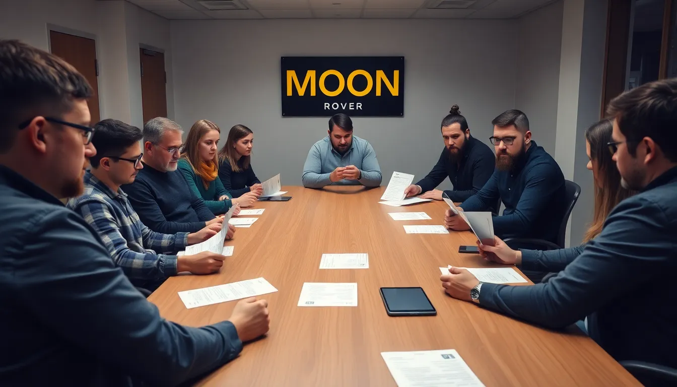 A group of former employees from Moon Rover gather outside the company's office, expressing concern and disappointment over the sudden halt of operations due to funding issues.