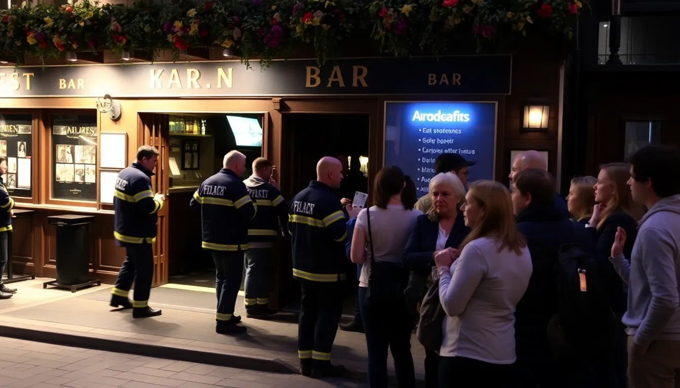 Emergency responders work at the scene of a devastating fire at a Swiss bar, where multiple fatalities occurred, as investigators assess the situation amidst ongoing legal proceedings against the bar's owner.