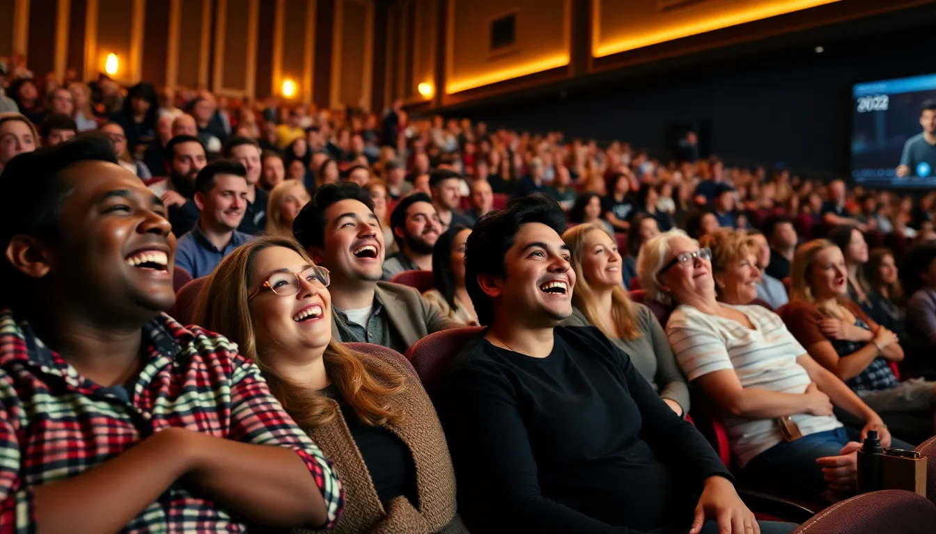 A group of moviegoers enthusiastically discusses the comedic elements and philosophical themes of Tim Travers and the Time Traveler's Paradox outside a theater.