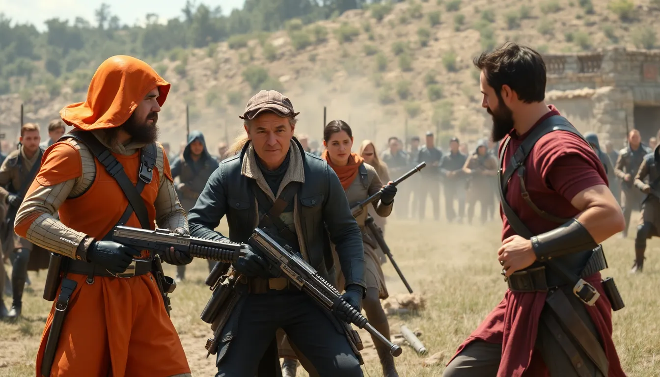 A group of characters engages in a dynamic gunfu battle amidst a futuristic cityscape, showcasing a blend of martial arts and firearms as they navigate through a complex timetravel narrative.