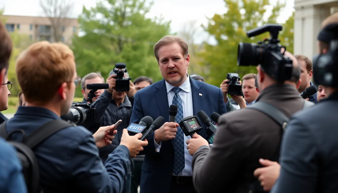 Timothy Busfield stands outside a courthouse surrounded by reporters and cameras as he faces serious allegations of sexual abuse related to his work on a television series.