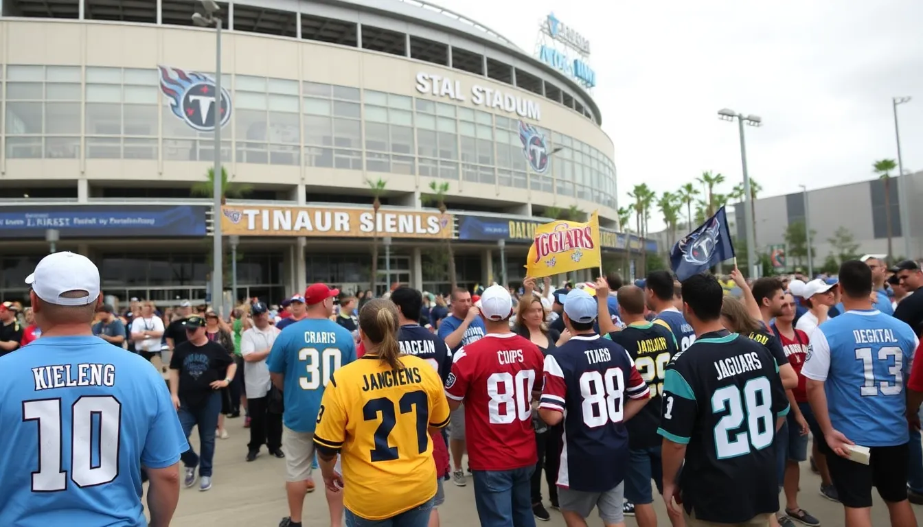 Fans gather in the stadium, wearing team colors and holding signs, as they eagerly await the kickoff of the crucial Titans vs Jaguars game.
