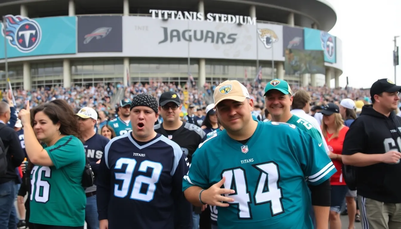 Fans in Titans and Jaguars gear passionately cheering from the stands, showcasing their loyalty and excitement for the upcoming matchup