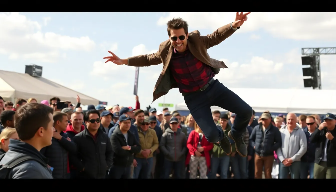 Tom Cruise performs a daring stunt while evading pursuers in a highspeed chase scene from the latest action spy film.
