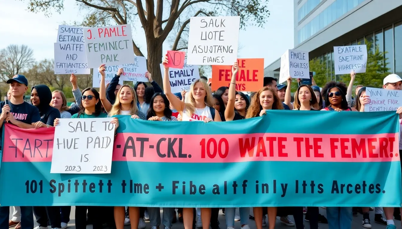 A group of female athletes gathers at a press conference, expressing their concerns about the lack of representation and financial equity in sports, while holding signs advocating for equal pay and visibility.