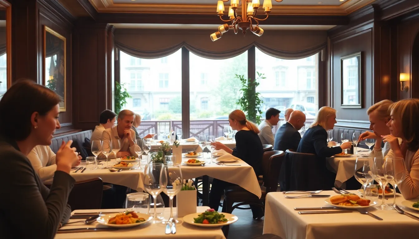 A bustling Parisian street is lined with outdoor dining tables where patrons enjoy meals at a variety of restaurants, showcasing the city's vibrant culinary scene.