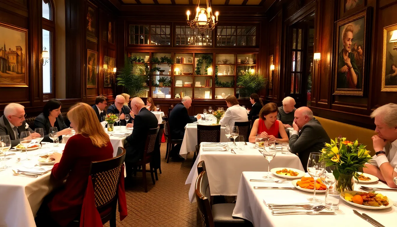 A charming traditional bistro interior with vintage decor and patrons savoring classic French dishes in a cozy atmosphere