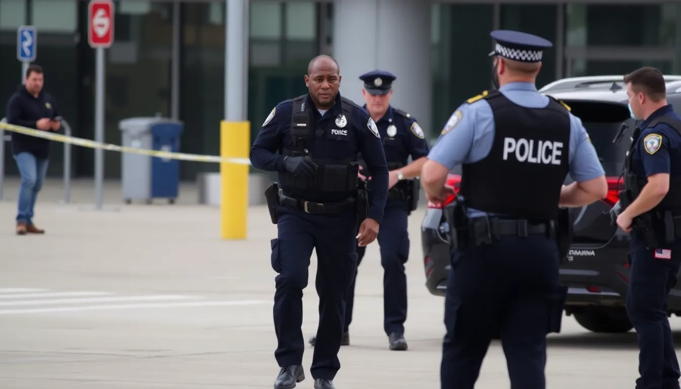 Police officers stand outside Toronto Pearson International Airport as they investigate the recent gold heist, with one suspect in custody and two others still at large.