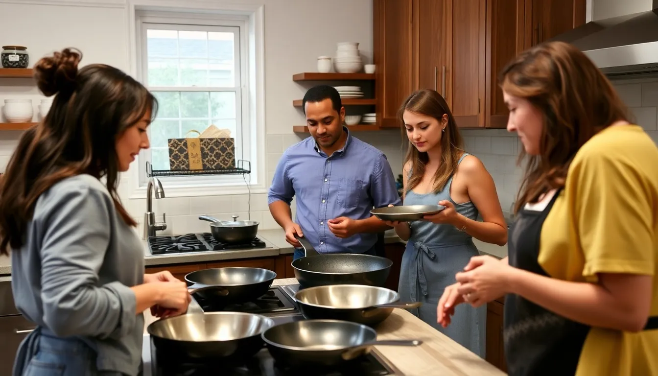 A group of consumers examines various frying pans in a kitchenware store, discussing the safety of nonstick coatings and alternatives like ceramic and cast iron.