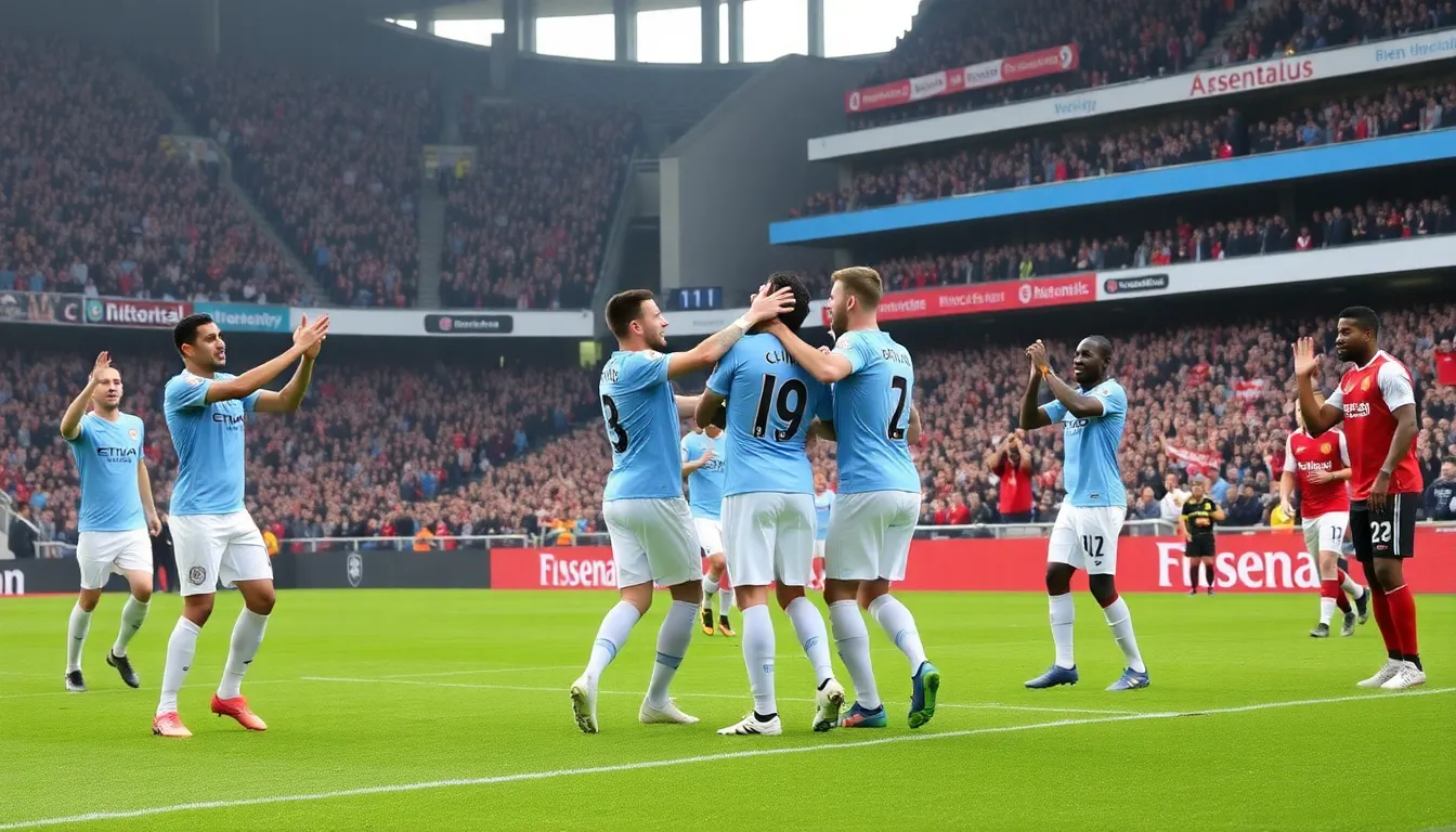 A group of football players celebrates on the pitch after a thrilling match, showcasing their excitement and camaraderie following a successful weekend in the Premier League.