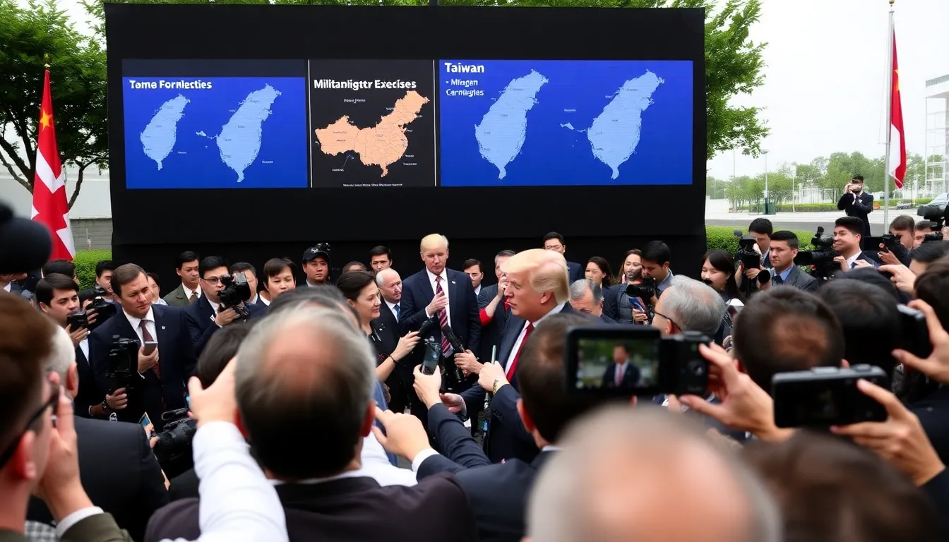 Donald Trump speaks at a podium during a press conference, addressing recent Chinese military drills around Taiwan while surrounded by reporters and cameras.