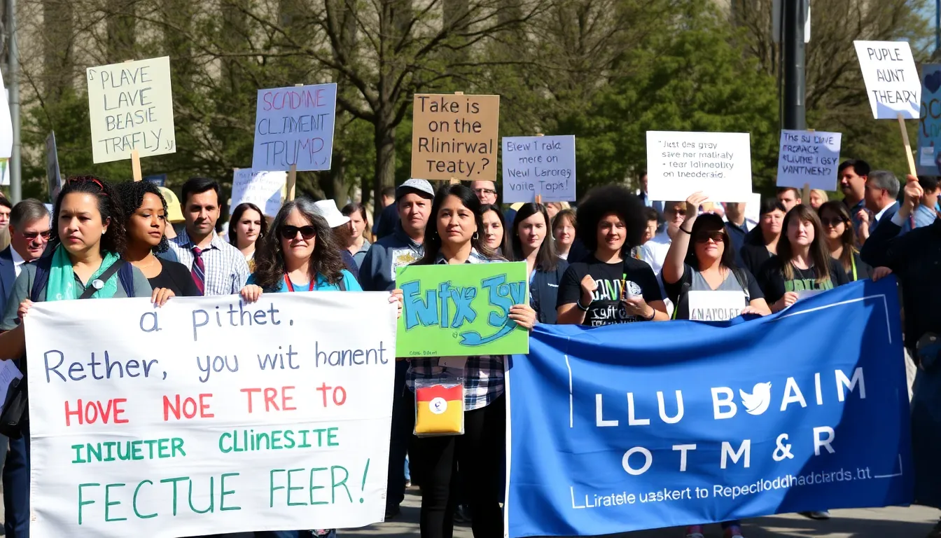 A crowd of protesters gathers outside the White House, holding signs and banners to express their opposition to the U.S. withdrawal from the Paris Agreement on climate change.