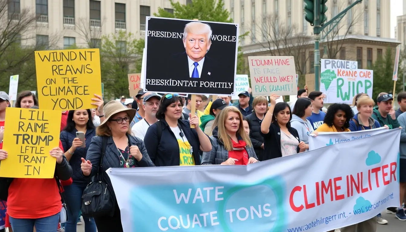 A gathering of concerned citizens and activists expressing their disapproval of the U.S. exit from key climate treaties and advocating for stronger climate action