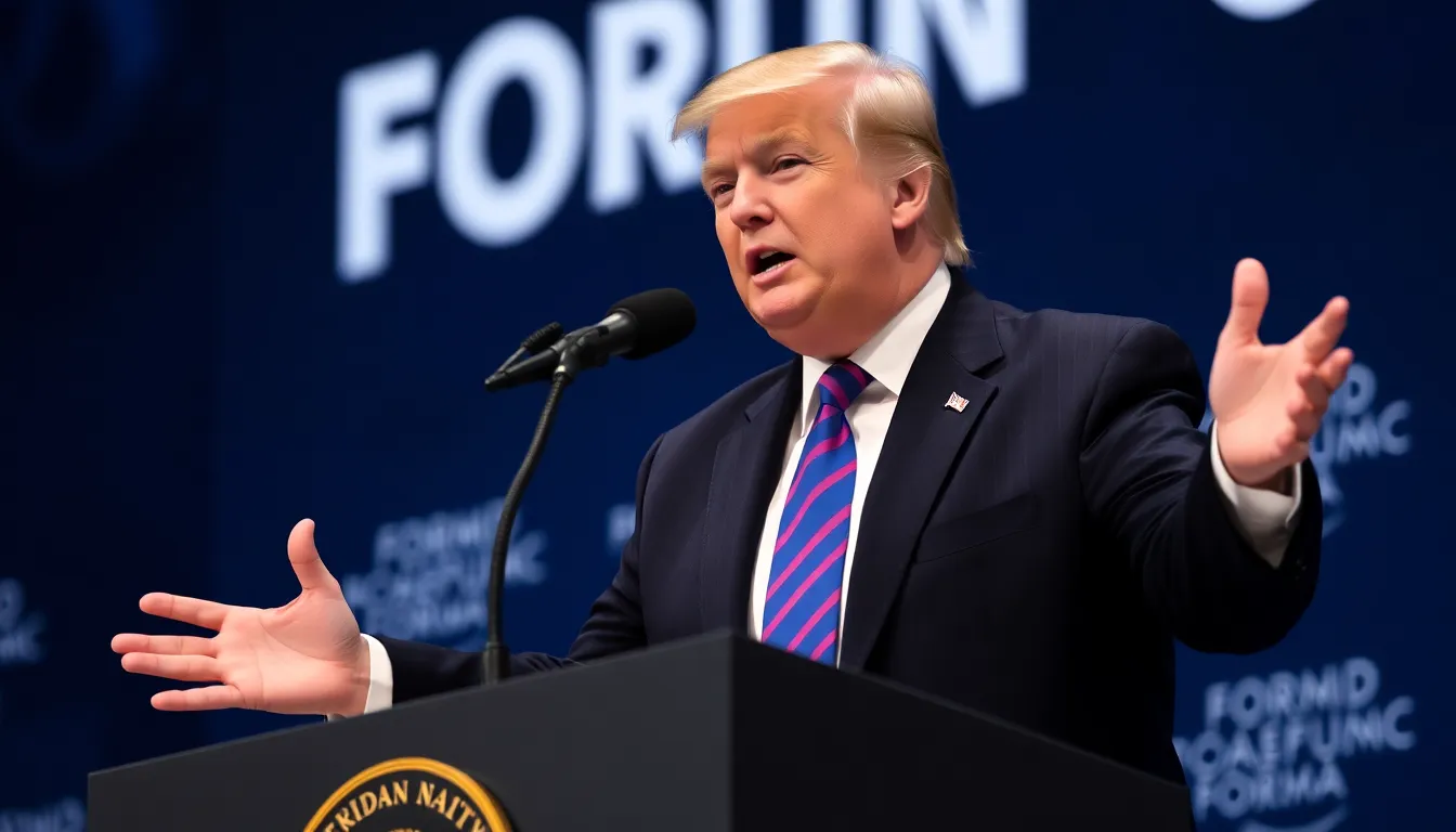 Former President Donald Trump gestures emphatically while delivering a speech at the World Economic Forum in Davos, Switzerland, as attendees listen intently.