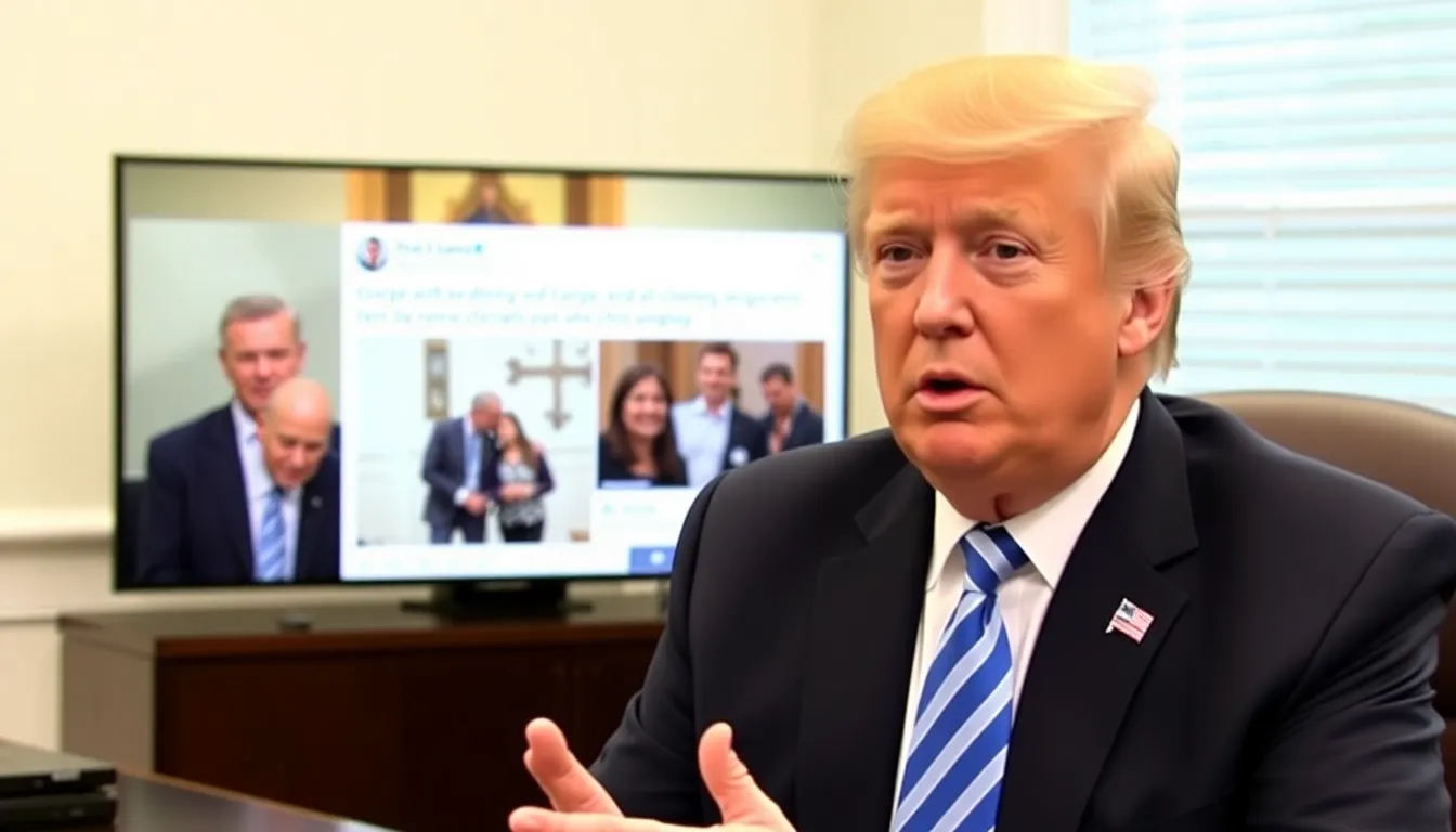 Former President Donald Trump gestures animatedly while addressing a crowd at a rally, criticizing George and Amal Clooney for their decision to acquire French citizenship.