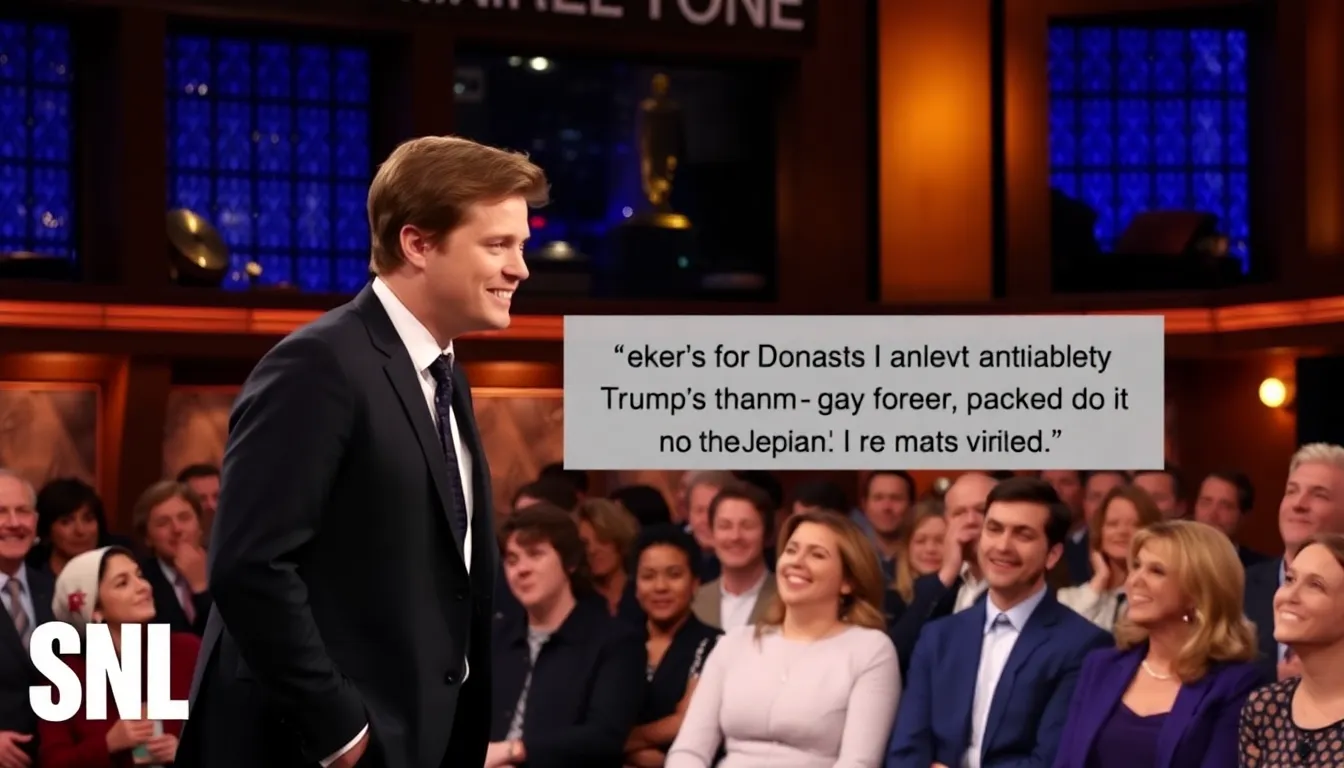 Colin Jost, portraying a fictional Fox News host, delivers a humorous monologue about Donald Trump's aspirations for a Nobel Prize during a lively "Saturday Night Live" skit.