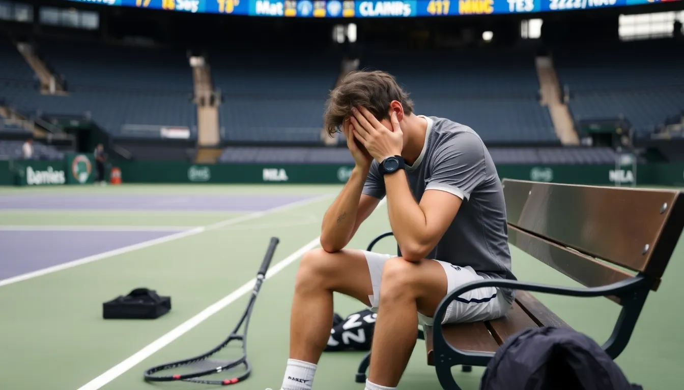 Stefanos Tsitsipas sits at a press conference table, looking contemplative as he discusses his struggles with injuries and thoughts of retirement during the 2025 tennis season.