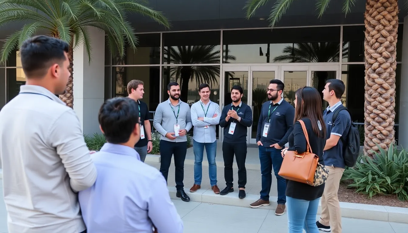 A group of concerned employees gathers outside Ubisoft's Abu Dhabi studio, discussing the recent announcement of job cuts affecting 29 positions.