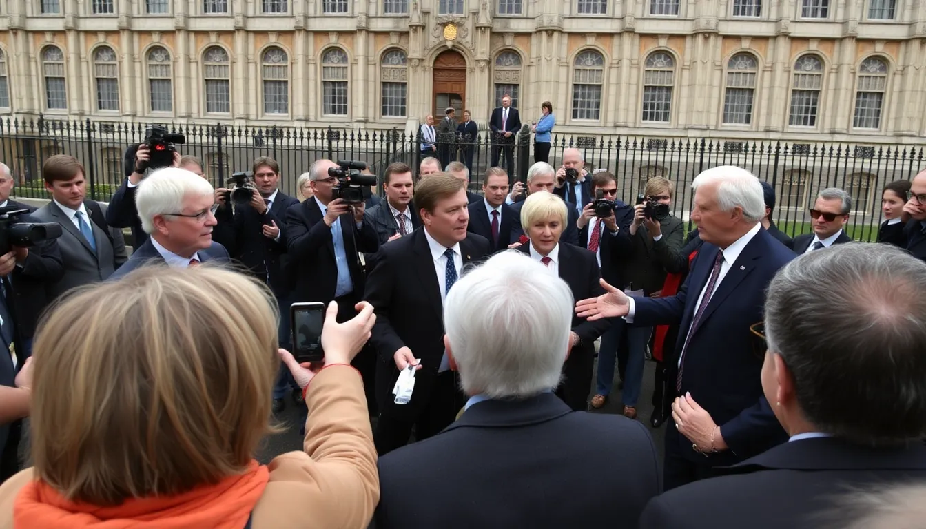 A crowd gathers outside Westminster Abbey, some celebrating while others protest, during the coronation of King Charles III, reflecting the divided opinions on the monarchy's role in modern Britain.