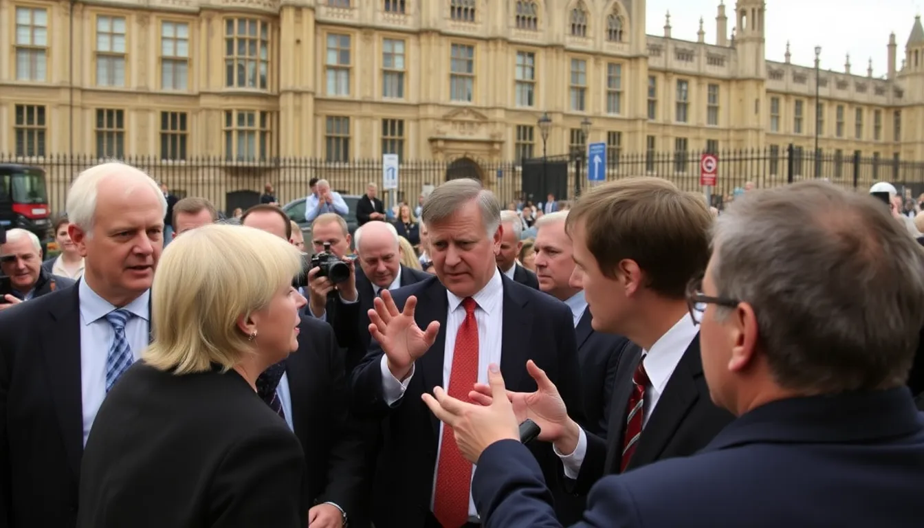 Jubilant local election candidates celebrating their victories, surrounded by disappointed opponents reflecting the changing political landscape in the UK