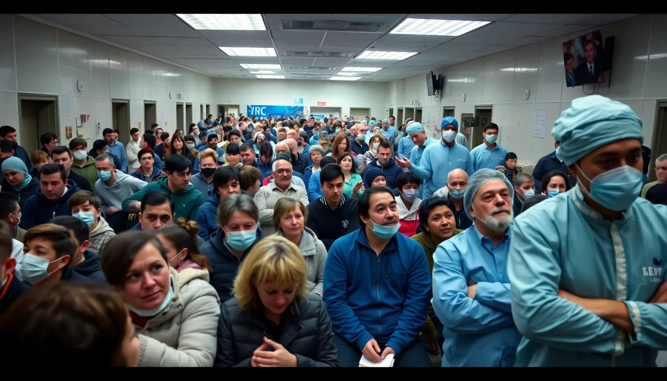A crowded Accident and Emergency department in England shows patients waiting in long lines as healthcare staff attend to the overwhelming number of flurelated cases.