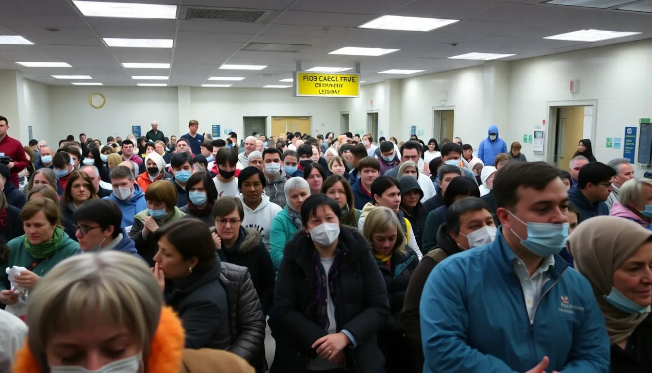 A government official discussing public health measures in response to the flu wave, surrounded by healthcare stakeholders and community representatives