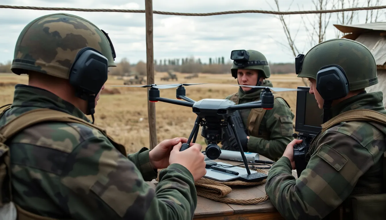 Ukrainian soldiers operate A.I. drones in a field, showcasing advanced technology designed for reconnaissance and targeting in the ongoing conflict with Russia.