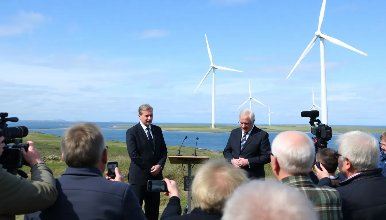 A group of officials from the UK and nine European countries gather at a press conference to announce their collaboration on a major offshore wind farm project aimed at boosting renewable energy production.