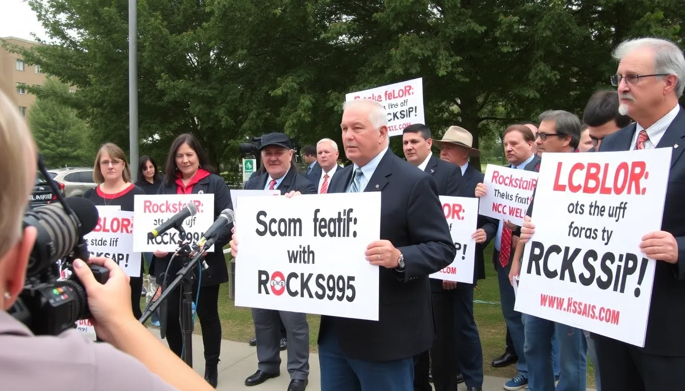 Union representatives gather outside Rockstar Games headquarters, holding signs and banners to advocate for immediate support for employees affected by recent layoffs.
