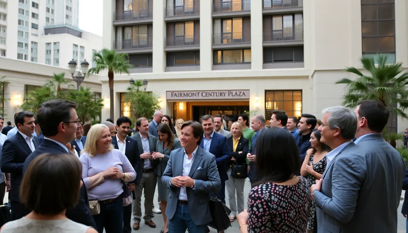 A group of filmmakers and industry professionals gather in a conference room at the Fairmont Century Plaza, discussing upcoming projects and networking ahead of the American Film Market's 2026 event.