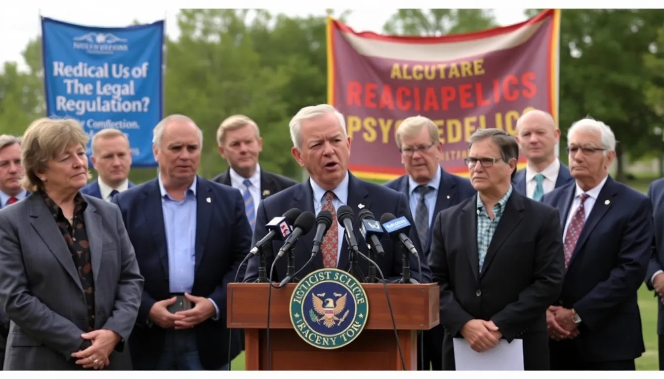 A group of conservative leaders and Christian advocates gather at a conference, discussing the therapeutic potential of psychedelics and their role in mental health treatment.