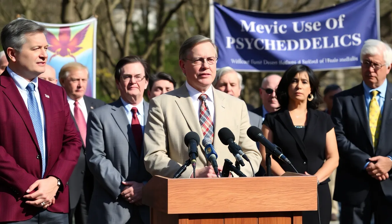 A historical display outlines the timeline of psychedelic use, reflecting the cultural shifts from indigenous practices to modern therapeutic applications in addressing mental health issues