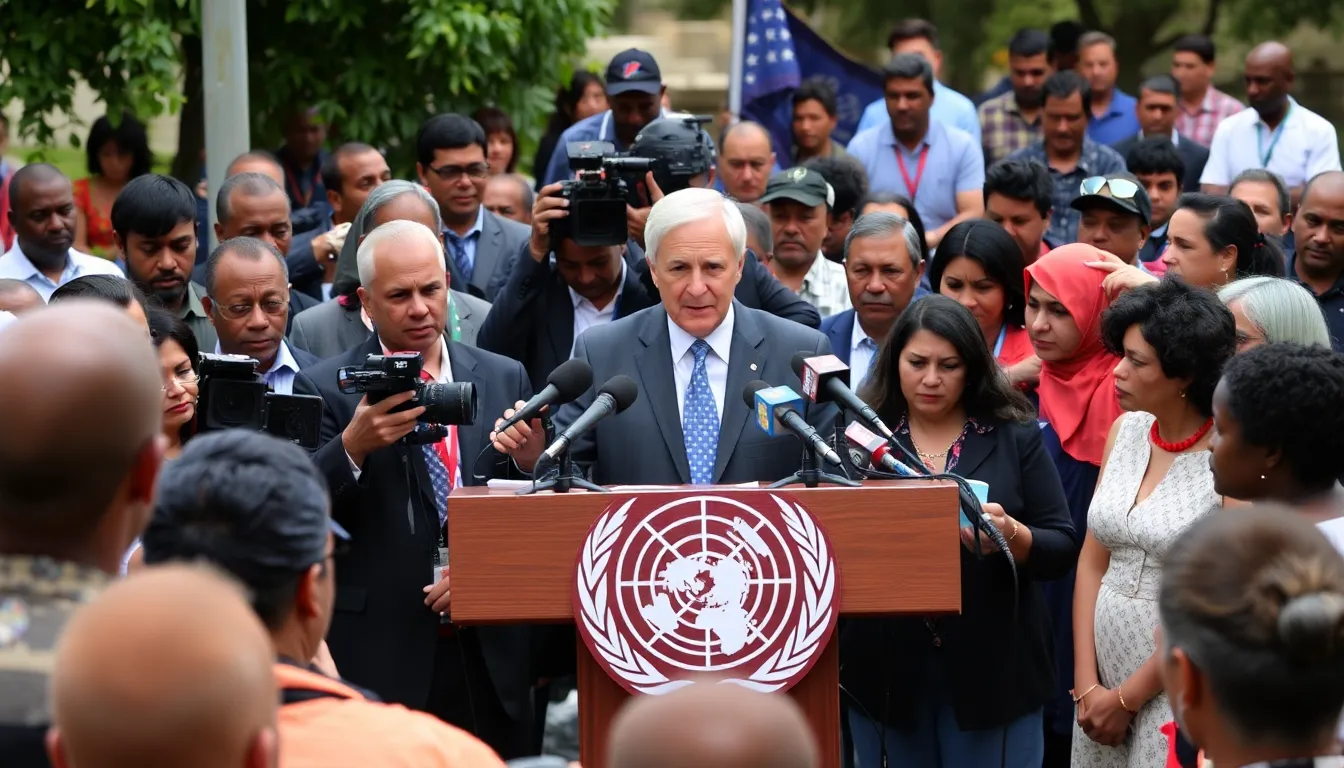 U.S. officials announce a  billion pledge for U.N. humanitarian aid during a press conference, emphasizing the importance of global assistance despite budget cuts.
